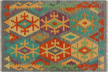 Flat Weave Kilim, Antique, Navaho, Vintage, Handmade, Geometric Kilim Gray Rust Hand-Woven Rectangle 100% Wool Area Rug 3 x 4